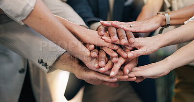 Buy stock photo Business, motivation or team in office with handstack, victory or support circle in group unity. Success, people or employees with hands together, collaboration huddle or synergy in milestone reach.