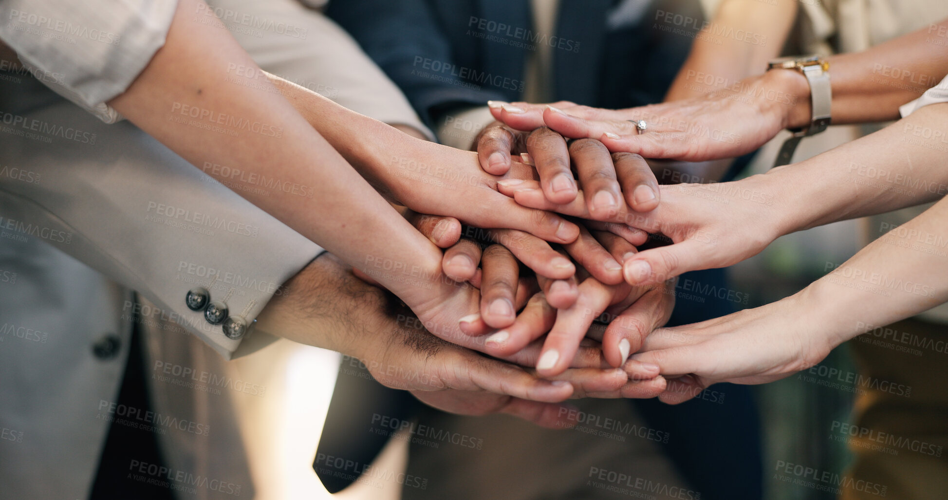 Buy stock photo Business, motivation or team in office with handstack, victory or support circle in group unity. Success, people or employees with hands together, collaboration huddle or synergy in milestone reach.