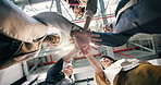 Hands, stack and below of business people in circle for meeting, solidarity and collaboration. Office, happy and men with women in huddle for support, goals and motivation for mission in workplace