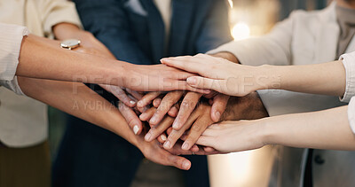 Buy stock photo Hands, stack and business people in office for meeting, solidarity and collaboration for team. Corporate, circle and men with women in huddle for agreement, support and goals for mission in workplace