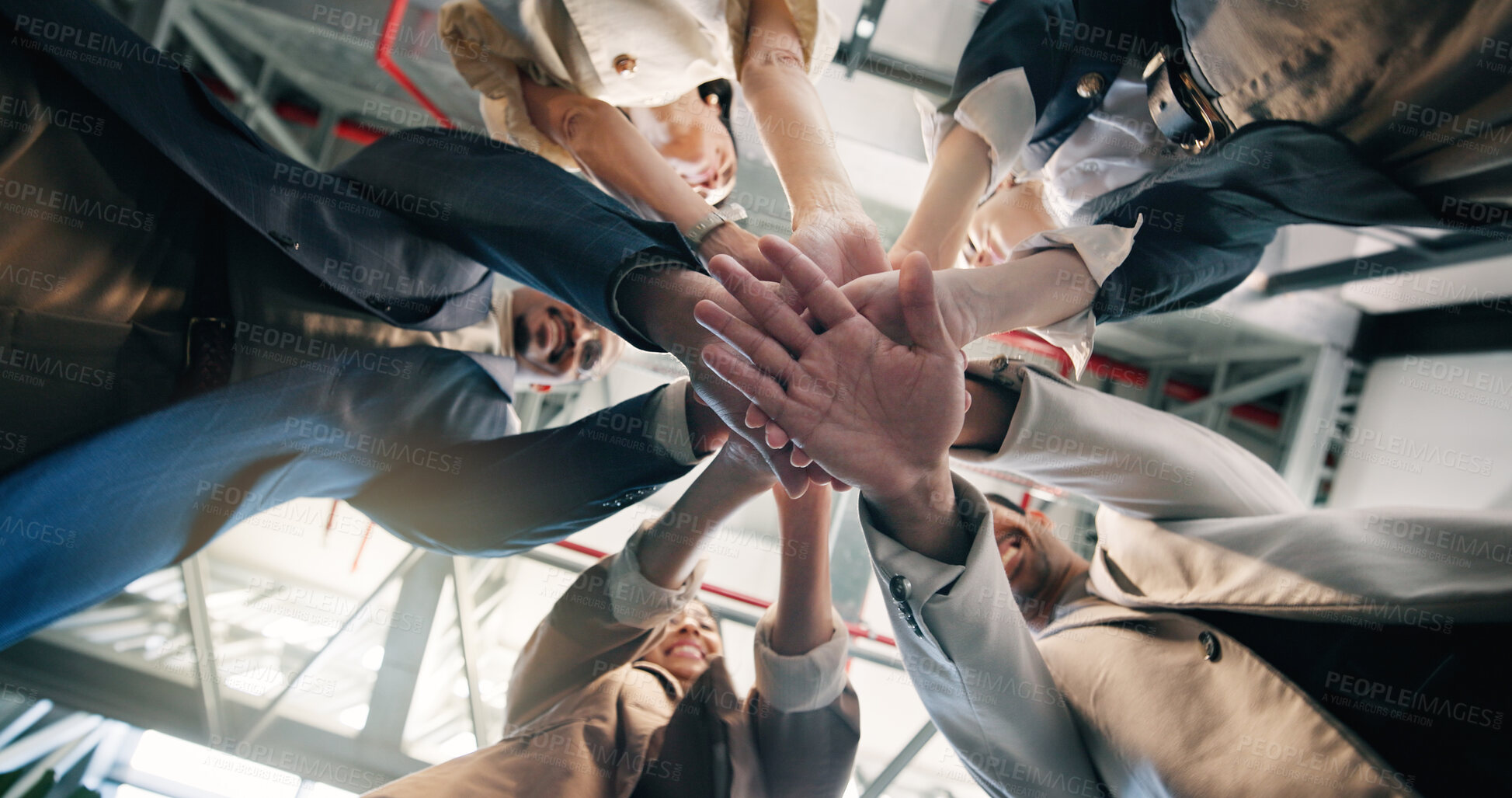 Buy stock photo Low angle, stack and hands of business people for meeting, solidarity and collaboration in office. Circle, below and men with women in huddle for support, company goals and motivation for teamwork