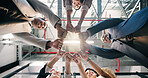 Circle, fist bump and hands of business people for meeting, solidarity and collaboration in office. Happy, below and men with women in huddle for support, company goals and motivation for teamwork