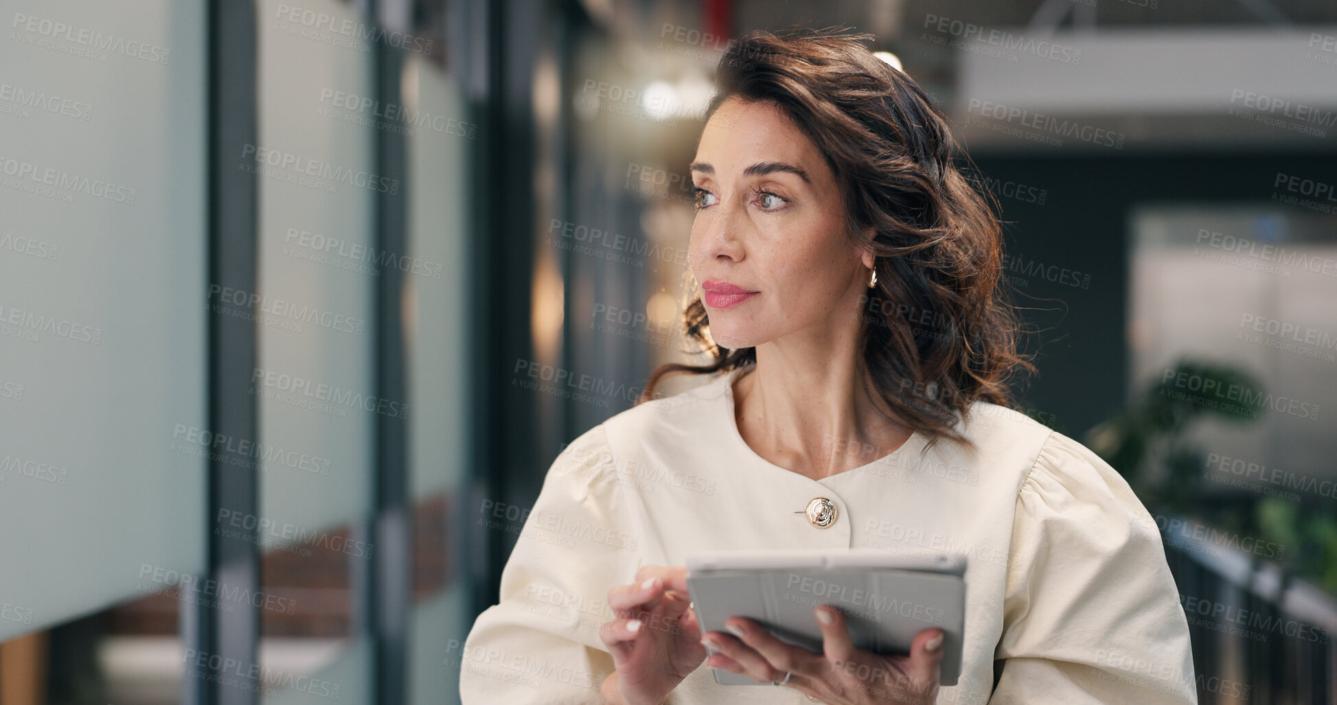 Buy stock photo Creative, thinking and businesswoman with tablet in office, online and planning for campaign on web. Marketing manager, reflection and mature person with technology, brand awareness and research