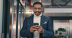 Businessman, browse and typing in office with phone, realtor app or notification of property listing. Real estate agent, person and scroll in workplace with tech, email and text message for work.