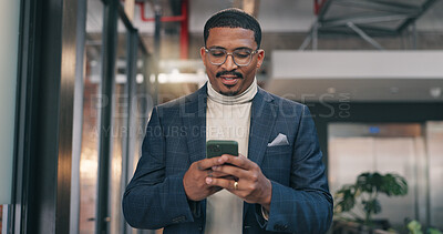 Buy stock photo Businessman, browse and typing in office with phone, realtor app or notification of property listing. Real estate agent, person and scroll in workplace with tech, email and text message for work.