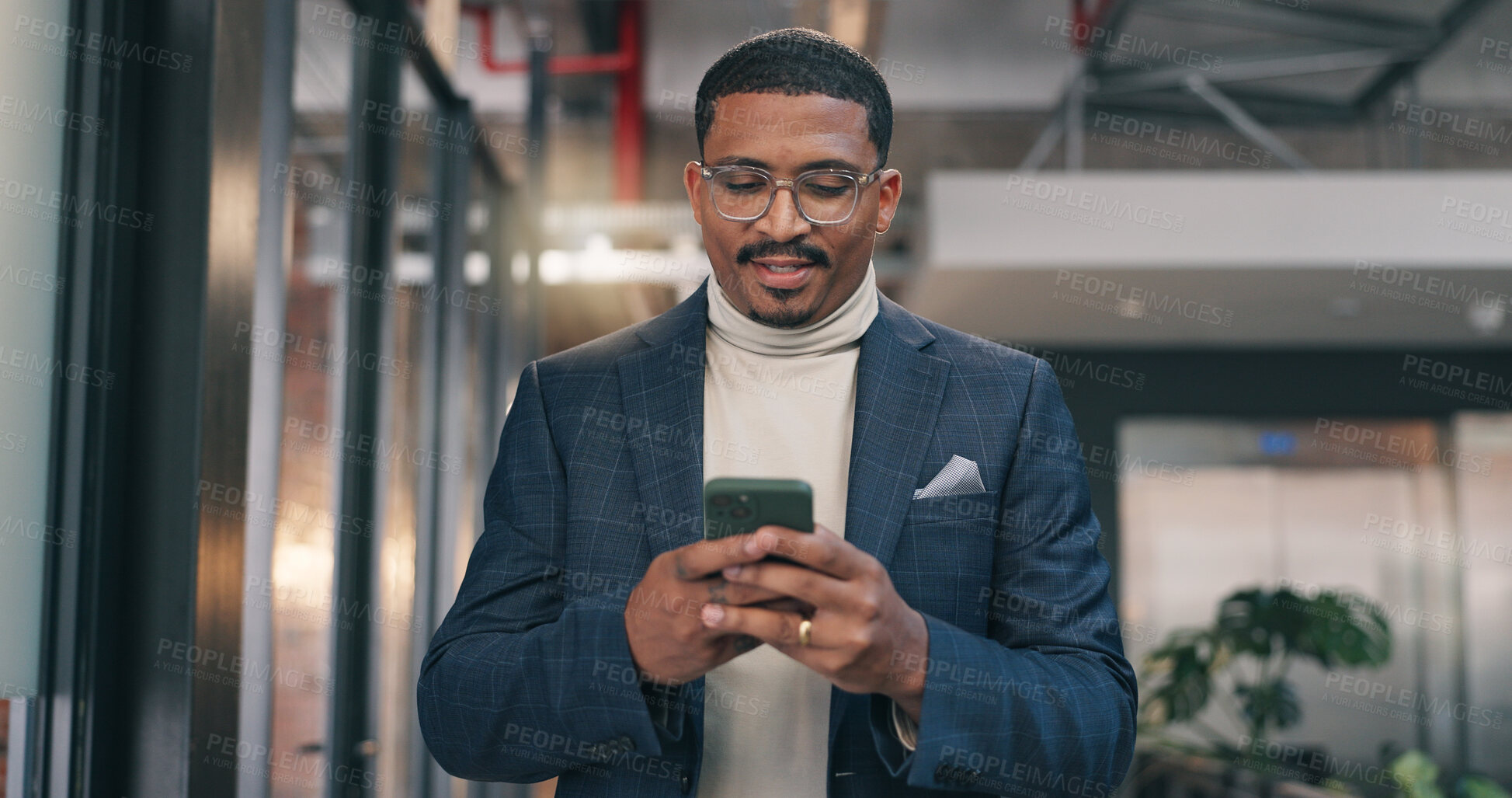 Buy stock photo Businessman, browse and typing in office with phone, realtor app or notification of property listing. Real estate agent, person and scroll in workplace with tech, email and text message for work.