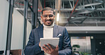 Happy, businessman and browse in office with tablet, realtor app and good news for property listing. Agent, person and smile in workplace with digital tech, website and email for real estate deal.