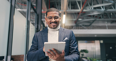 Buy stock photo Happy, businessman and browse in office with tablet, realtor app and good news for property listing. Agent, person and smile in workplace with digital tech, website and email for real estate deal.