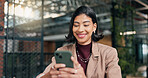 Business, typing or happy woman with phone for social media, research or communication in office. Female person, employee or smile with smartphone for online chatting, network or texting in workplace