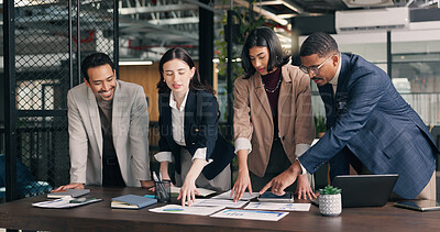 Buy stock photo Meeting, paperwork and team of business people with chart for planning, sales report and growth. Talking, startup and workers with documents for marketing, data analysis and research for advertising
