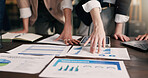 Meeting, hands and business people with graph, documents and chart for financial review in office. Discussion, team and workers with tech, paperwork and research for finance report, growth and stats