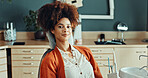 Portrait, woman and chair at dentist clinic for checkup, dental care and teeth whitening for hygiene. Smile, person and patient in office for consultation, oral services and cleaning for fresh breath