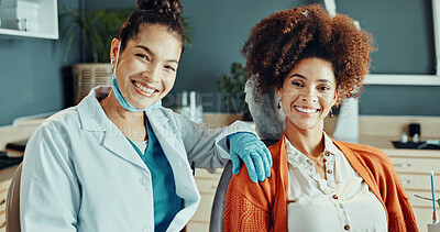 Buy stock photo Women, portrait and dentist with patient in office, consultation and support for dental care or help. Oral hygiene, checkup and happy person with medical professional, health and wellness in clinic