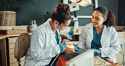 Buy stock photo Assistant, dentist and procedure in office with patient for dental surgery or oral hygiene. Healthcare, process and smile with happy people in dentistry practice for checkup or tooth extraction