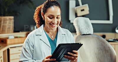 Buy stock photo Tablet, happy and dentist in clinic with research for dental care, treatment or oral hygiene tips. Digital technology, woman and orthodontist on app for medical information or healthcare schedule.