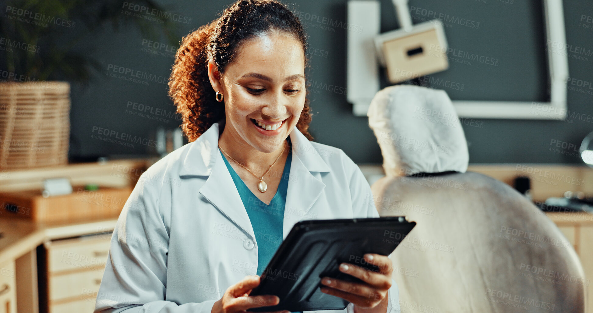 Buy stock photo Tablet, happy and dentist in clinic with research for dental care, treatment or oral hygiene tips. Digital technology, woman and orthodontist on app for medical information or healthcare schedule.