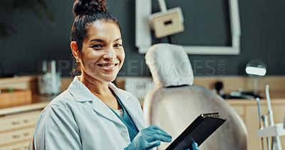 Buy stock photo Dentist, portrait and happy woman with tablet in clinic for dental appointment, schedule or service. Female person, orthodontist or tooth doctor with smile or technology for dentistry healthcare