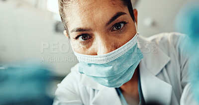 Buy stock photo Pov, woman and dentist at clinic with face mask, dental exam and surgery for tooth extraction. Doctor, person and ppe with tools for dentistry, oral checkup and periodontal treatment for root canal