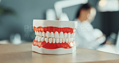 Buy stock photo Teeth, model or mold in dentist office for oral hygiene demonstration, medical procedure or wellness. Dentistry, tooth prototype or veneers for orthodontist equipment, healthcare or dental treatment.