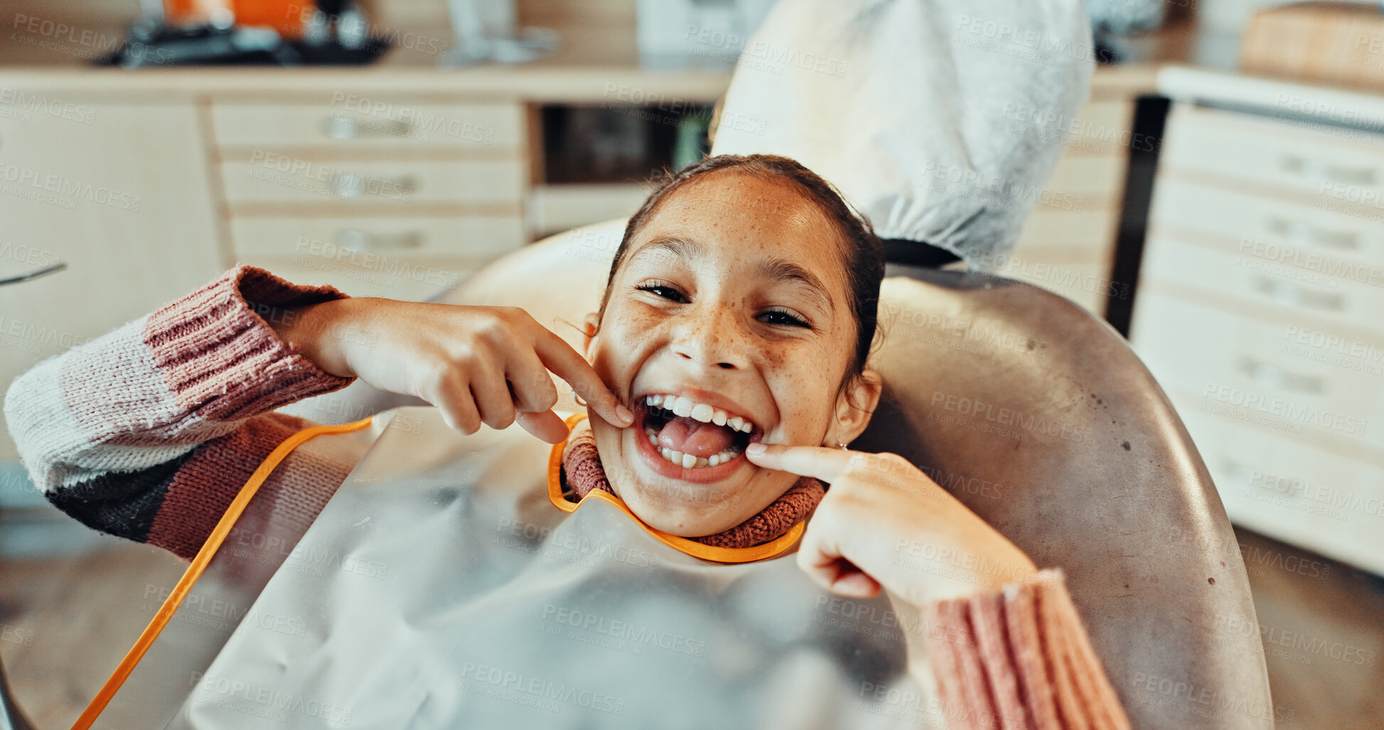 Buy stock photo Portrait, teeth and happy girl with dental hygiene in clinic for oral healthcare or treatment. Child, kid or smile with open mouth, gum care or satisfaction for dentist cleaning, exam or appointment