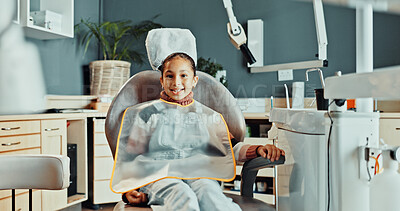 Buy stock photo Girl, portrait and dental hygiene with smile in dentist clinic for appointment or oral healthcare. Happy, child or kid with confidence on chair for teeth whitening, cleaning or medical treatment