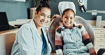Buy stock photo Dentist, portrait and happy woman with child in office, wellness or oral health checkup for patient. Clinic, medical professional and person with kid, consultation and smile for dental care in Mexico