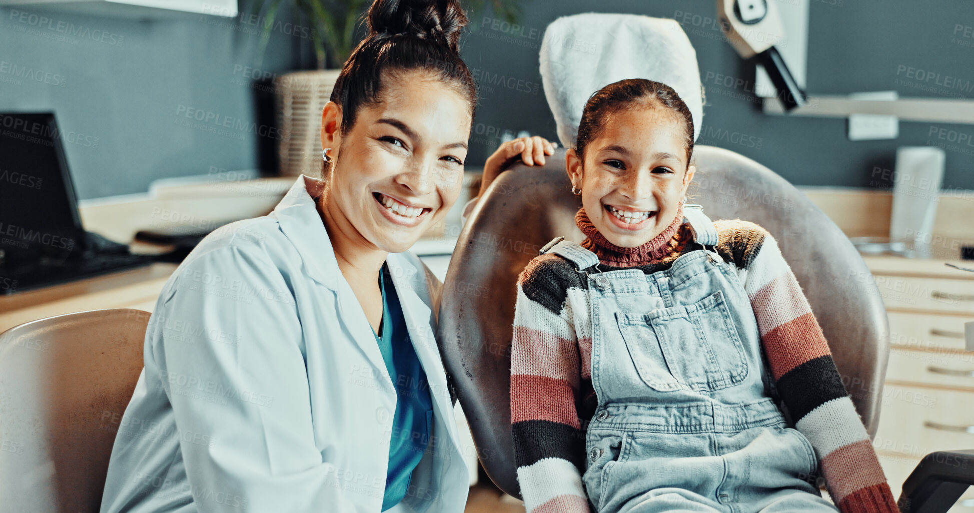 Buy stock photo Dentist, portrait and happy woman with child in office, wellness or oral health checkup for patient. Clinic, medical professional and person with kid, consultation and smile for dental care in Mexico