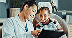 Dentist, patient or happy girl with tablet for dental hygiene, results or oral treatment in clinic. Woman, orthodontist or child with smile or technology for gum care, oral appointment or checkup