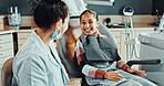 Child, happy and dentist in practice for healthcare, bravery and ready for dental procedure. Girl patient, orthodontist and smile in office for consultation, gum wellness and treatment service 