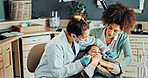 Mom, dentist and girl with help in clinic for dental checkup, oral hygiene or inspection together. Mother, orthodontist and nervous child or kid with fear for cavity, toothache or teeth extraction