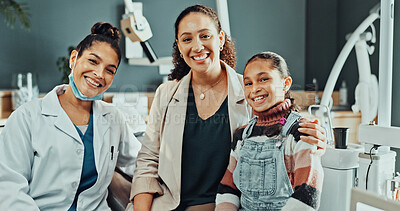 Buy stock photo Portrait, mother and child in clinic with dentist, oral hygiene and satisfaction for consultation. Happy, woman and daughter in office with pediatric dental hygienist, orthodontics and medical help.