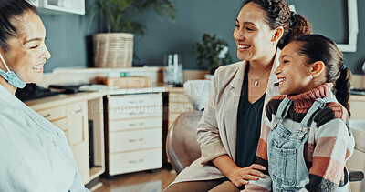 Buy stock photo Dental, mother or kid in clinic with checkup, childcare or parent support for oral wellness. Hygiene, happy mom or child with dentist, family consultation or youth dentistry in childhood development.