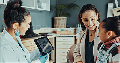 Buy stock photo Tablet screen, mother and child with xray at clinic with internet for oral health, decay or results. Woman, daughter and family orthodontist for dental care, treatment plan and technology with smile