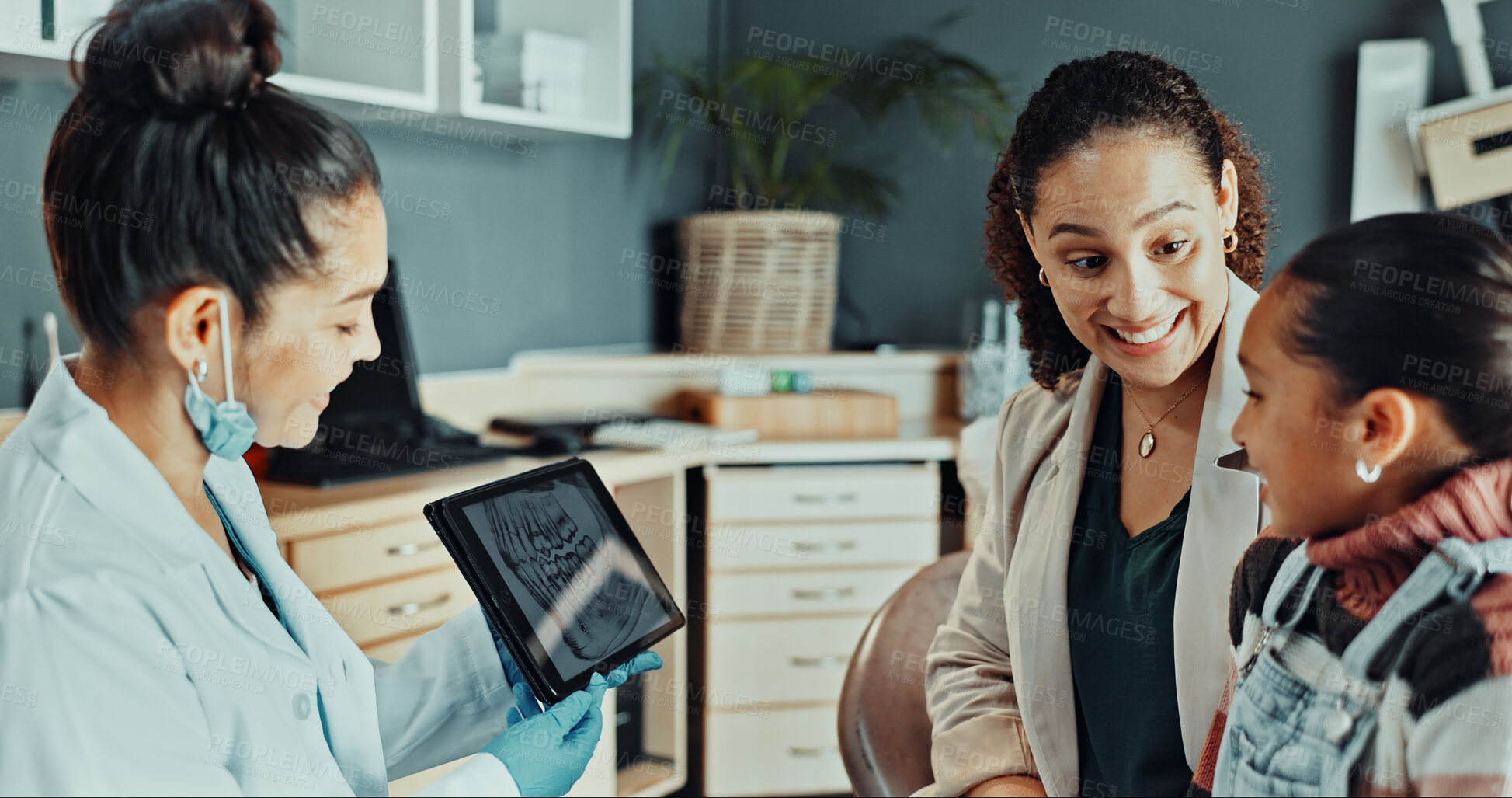 Buy stock photo Tablet screen, mother and child with xray at clinic with internet for oral health, decay or results. Woman, daughter and family orthodontist for dental care, treatment plan and technology with smile
