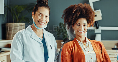 Buy stock photo Happy, portrait and woman with dentist for consulting, teeth cleaning and appointment for oral hygiene. Smile, clinic and orthodontist with patient for dental care, medical service and wellness