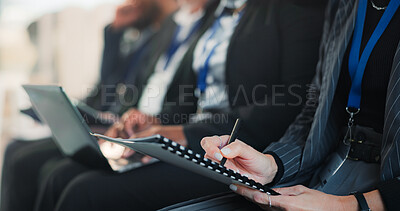 Buy stock photo Business, hands or documents in conference for notes, speech agenda or info for career development. Person, employee or folder in seminar with writing, workshop review or checklist for keeping record
