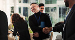 Laugh, handshake or business man at convention for networking event, finance agreement and workshop. Happy people, shaking hands and collaboration at conference room for investment with funny joke