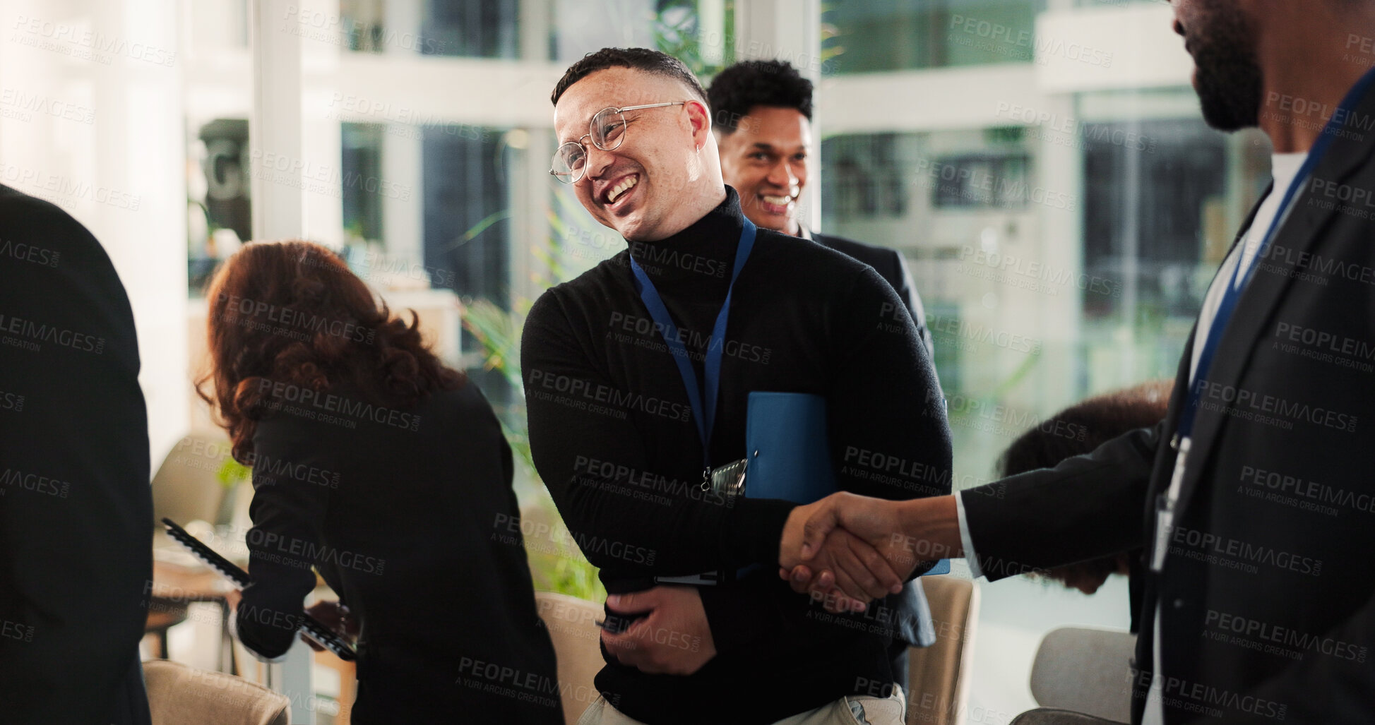 Buy stock photo Laugh, handshake or business man at convention for networking event, finance agreement and workshop. Happy people, shaking hands and collaboration at conference room for investment with funny joke