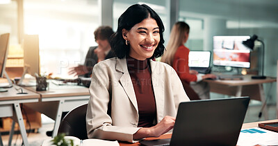 Buy stock photo Portrait, woman and data analyst in office with laptop, smile and online research for business sales. Coworking, happy person and internet with computer, graphs and statistics for income forecast.