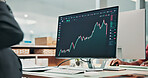 Finance, chart and business man on computer screen for stock market, risk assessment and monitor stats. Office, tech and person with linear graph for financial report, investment and infographic