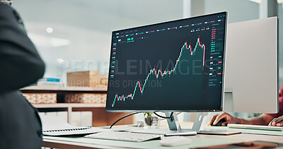 Buy stock photo Finance, chart and business person on computer screen for stock market, risk assessment and monitor stats. Office, tech and worker with linear graph for financial report, investment and infographic