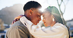 Forehead, touch and couple with smile, outdoor and romance with partner on break and relax together. Flare, black people and happy with spouse on weekend, embrace and connection on anniversary