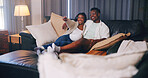 Couple, laugh and watching tv with remote in lounge, entertainment or bonding with partner in home. Channel, change and black people with popcorn on couch, happy and streaming funny movie in house