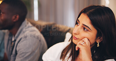 Buy stock photo Sad, couple and woman in home with thinking, disagreement and conflict in marriage affair. Issue, partner and upset person in house with reflection, tension and decision of relationship separation.
