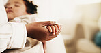 Mother, holding hands and sleeping in home with baby, love and parent support for maternal nurturing. Woman, infant and nap at house with affection, emotional bonding and gentle touch for connection
