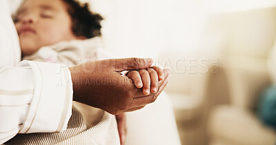 Buy stock photo Mother, holding hands and sleeping in home with baby, love and parent support for maternal nurturing. Woman, infant and nap at house with affection, emotional bonding and gentle touch for connection