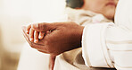 Person, holding hands and sleeping in home with baby, love and support for parental nurturing. Parent, infant and nap at house with affection, emotional bonding and gentle touch for family connection