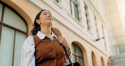 Buy stock photo Thinking, breathe and business woman in city for job opportunity, ambition and inspiration on commute. Low angle, town and person with reflection, idea and calm for journey, travel and career