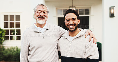 Buy stock photo Happy men, portrait or senior father at new home, real estate or smile for homeownership milestone. Asian family, outdoor or bonding with old person at house, hug or laughing with property investment