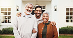 Happy man, bonding and senior parents at new home, real estate or smile for homeownership milestone. Family, portrait and old people with son at house, embrace and laughing with property investment